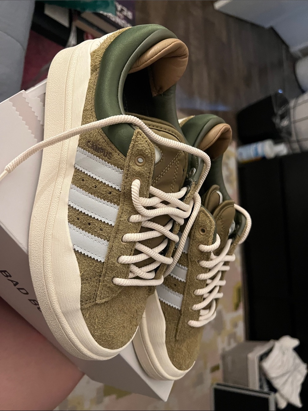 adidas Bad Bunny Olive Green Suede Low-Top Sneakers with White Stripes